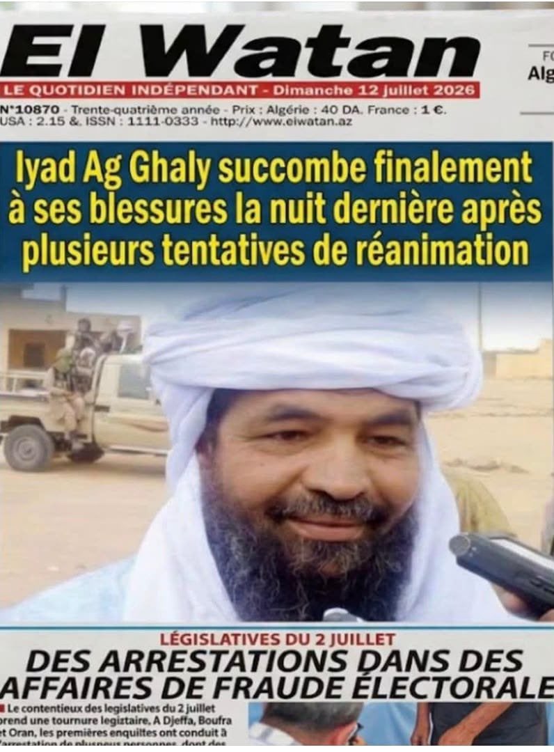 22NN_A's tweet photo. 🚨 PROPAGANDE GROSSIÈRE DÉMASQUÉE 🚨

Stop à la désinfo de guerre ! Les faits avant les buzz. 🇲🇱

Cette Une d’El Watan sur la “mort” d’Iyad Ag Ghali est un FAKE TOTAL, un montage ridicule ! Le journal n’a JAMAIS publié ça.

Au moment exact où l’Algérie et le Mali rouvrent leurs espaces aériens et normalisent leurs relations, voilà que surgit la rumeur « Iyad Ag Ghaly soigné en Algérie » + une photo fake générée par IA.
L’Algérie a combattu le terrorisme pendant 30 ans au prix du sang de ses enfants. Nous ne protégeons aucun terroriste.
C’est une tentative désespérée de saboter le rapprochement algéro-malien.
#AlgérieMali #StopPropagande #FakeNews

Stop à la désinfo de guerre ! Les faits avant les buzz. 🇲🇱
