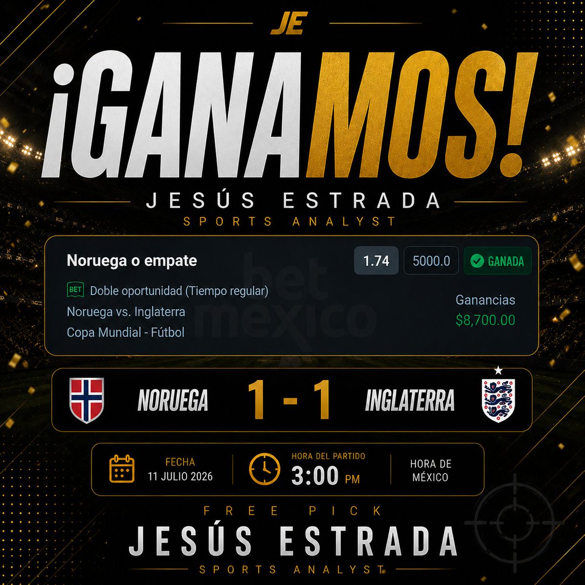 Estrada_Jesus_'s tweet photo. Cobramos 💰

#Noruega #Inglaterra #NorwayVsEngland #England #Norway #WorldCup2026 #CopaDelMundo #Mundial2026 #FIFAWorldCup #Futbol #Football #Soccer #CuartosDeFinal #ThreeLions #VamosInglaterra #Norge #JesúsEstrada #FreePick #ApuestasDeportivas #SportsBetting https://t.co/8enWux0eau