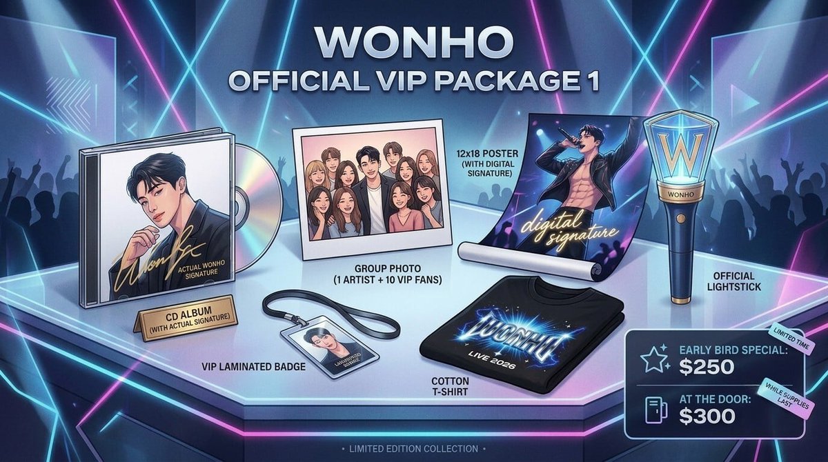 Thunder_Valley's tweet photo. Hey, @official_wonho fans! Don't miss out on these exclusive VIP packages for tonight's show. Get your VIP packages here: https://t.co/bPyQVTB5yi or at the merchandise booth located inside The Venue. https://t.co/2qhqFdlUTI