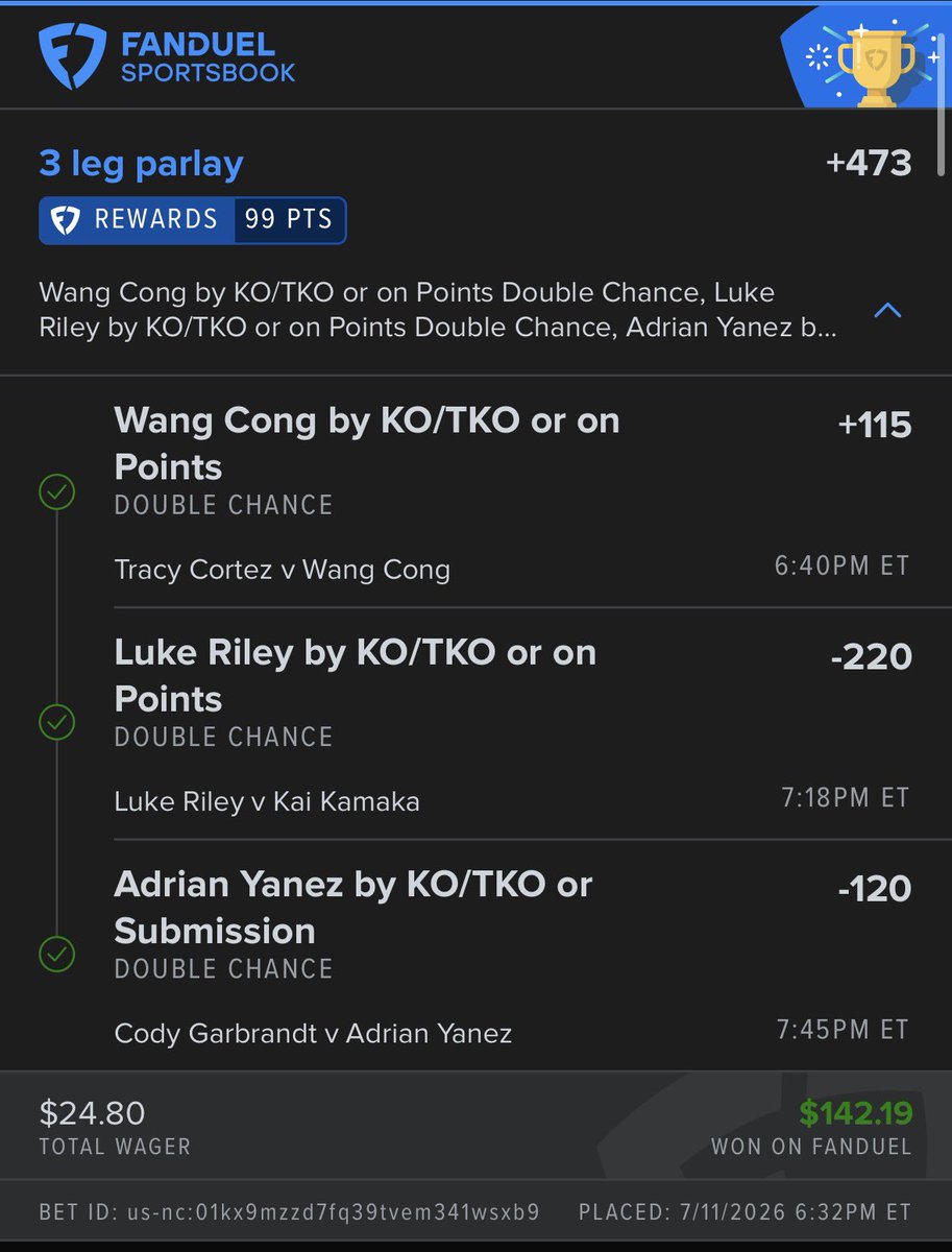benchwarminn's tweet photo. 7/7 on the night! Let’s keep it rolling!! #UFC329 https://t.co/GaEkQQFg5y