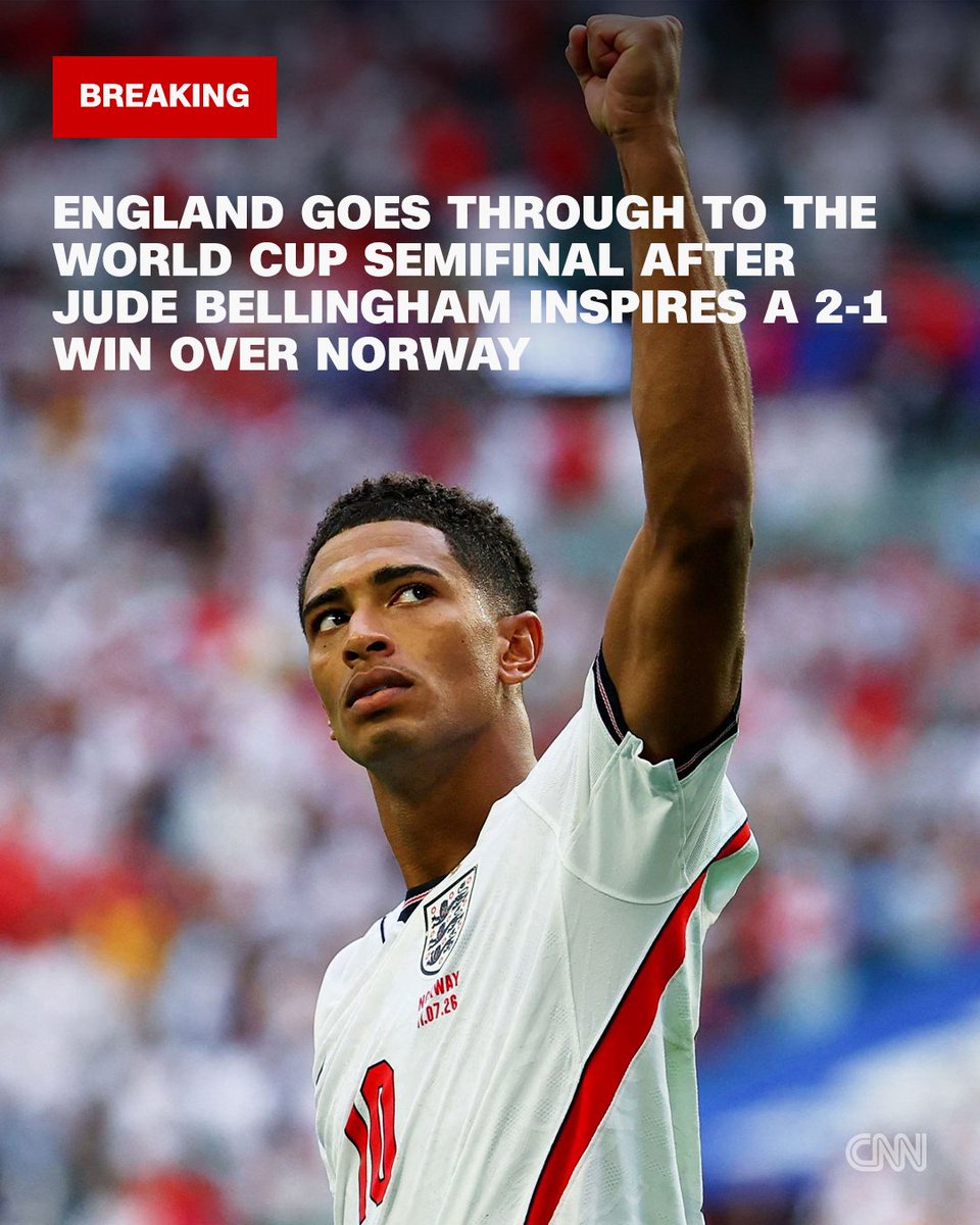 cnnbrk's tweet photo. England has defeated Norway in extra time to secure a spot in the World Cup semifinal. https://t.co/bboP8OjAJV https://t.co/8FsBsYDTKI