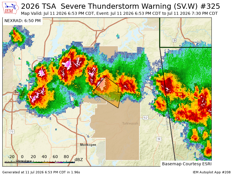 iembot_ok's tweet photo. TSA issues Severe Thunderstorm Warning [wind: 60 MPH (RADAR INDICATED), hail: 1.00 IN (RADAR INDICATED)] for Cherokee, Mayes [OK] till 7:30 PM CDT https://t.co/4cpOzQVKOw https://t.co/OpdTHXK9BW
