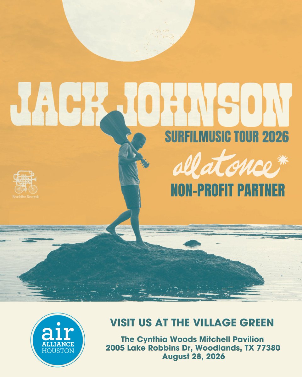 airallianceHOU's tweet photo. We’re excited to team up with @jackjohnson as an All At Once Non-Profit Partner on his 2026 Summer Tour! 🌎💚

Join us at the Village Green in Houston on August 28, 2026 to connect, learn &amp; take action for a sustainable future.

🔗 https://t.co/vPEoCGXXVG #AAOPlasticFree https://t.co/oU81Achv0H