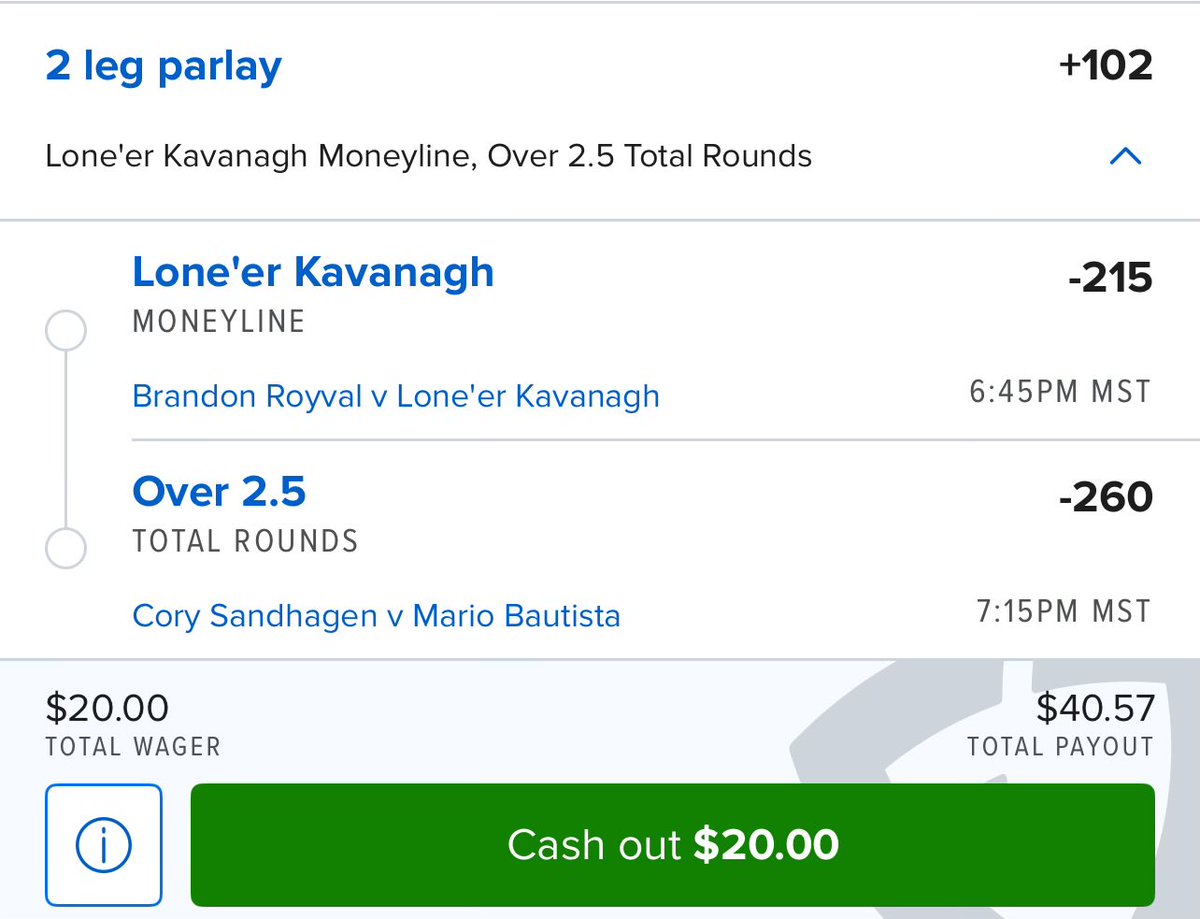 alejobets3's tweet photo. UFC parlay 

Lone’er kavanagh
Sandhagen vs Bautista over 2.5 rounds https://t.co/UCXg1Jxfaq