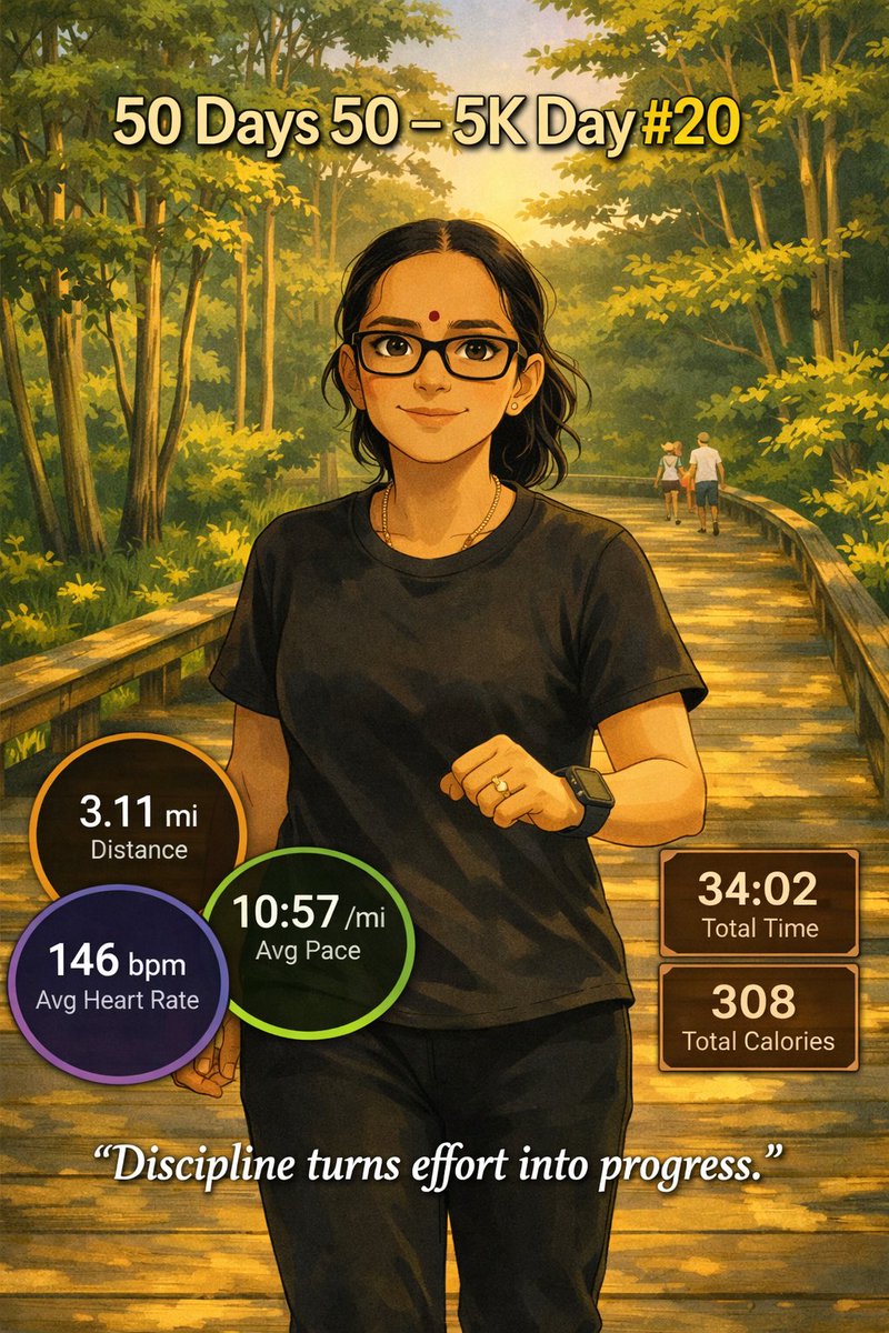 Jayalakshm61866's tweet photo. 50 Days 50 – 5K Day #20 🌿
Discipline turns effort into progress.
3.11 mi | 10:57 /mi | 146 bpm | 34:02 | 308 cal
#GhibliRun #MarathonRunnersOfAtlanta #HalfMarathon #ChooseExerciseNotDrugs #HealthyHabits #RunForChange https://t.co/A4WIyRCwGw