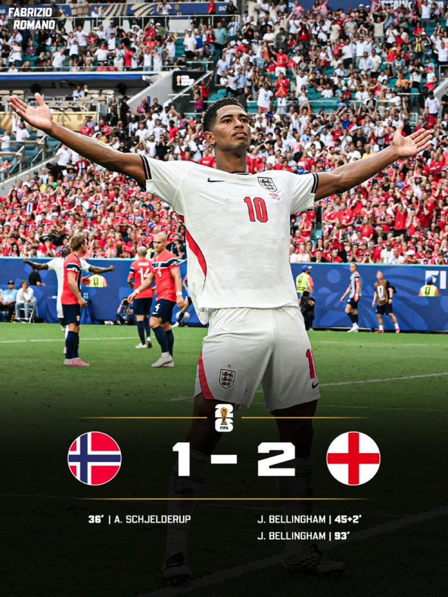 Albeeert0's tweet photo. 🚀 ¡INGLATERRA REMONTA A NORUEGA Y PASA A LAS SEMIS DEL MUNDIAL!

🌟 Jude Bellingham ha sido el mejor jugador del partido con un doblete. El segundo tanto lo anotó al inicio de la prórroga.

⚽️ El gol de Noruega lo anotó Schelderup.

👀 Argentina o Suiza su rival en semis. https://t.co/lmJssFeqzL