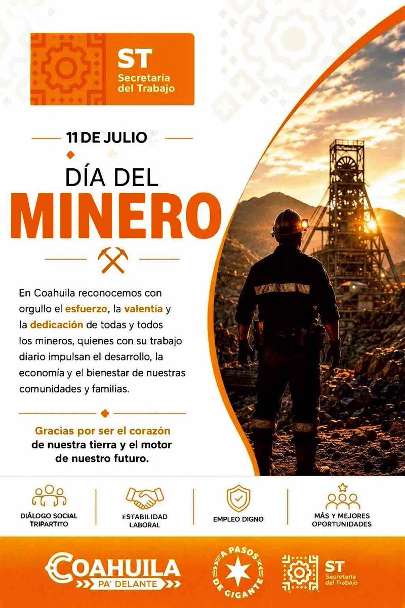 SETRA_COAH's tweet photo. En Coahuila reconocemos con orgullo el esfuerzo, la valentía y la dedicación de todas y todos los mineros, quienes con su trabajo diario impulsan el desarrollo, la economía y el bienestar de nuestras comunidades y familias. #CoahuilaPaDelante #APasosDeGigante https://t.co/JWaQ1nO8Gx