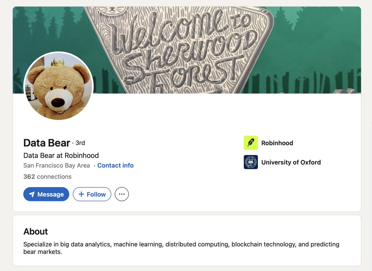 Chasneed_'s tweet photo. bought $DATABEAR at a 3M cap.

the thesis: robinhood devs literally sit on a giant teddy bear and talk to it. the bear has a linkedin. its manager left it a glowing review.

vlad already said the chain works great for memes. he followed cashcat. the bear is sitting ten feet from his office.

heavy bag. high conviction. let's see