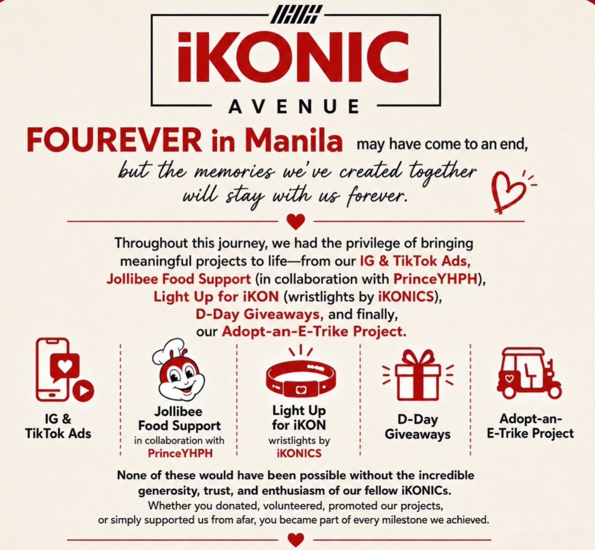 KonicAveINTL's tweet photo. From all of us at iKONIC Avenue, thank you for being part of this journey. We look forward to creating more meaningful projects with you. Until the next one! 
🙇‍♀️🫶🖖🏻

#iKONinMANILA2026
#iKON_FOUREVER_TOUR_MNL
 #iKON #아이콘 https://t.co/5ShRrfviOc