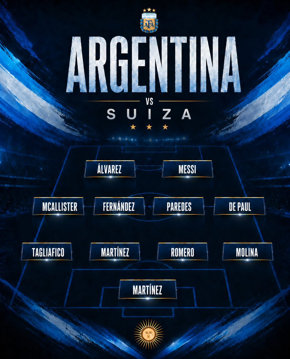 SOrtiz2004's tweet photo. 🏆 ONCE CONFIRMADO 🏆 

👉🏻 Así forma la Selección Argentina para enfrentar a Suiza por los Cuarto de Final del Mundial. 

🔄 Lionel Scaloni repite el mismo once que enfrentó a Egipto. https://t.co/wu14hs5M5W