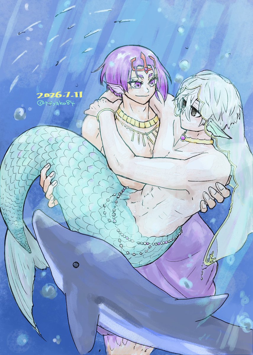 Miyako84's tweet photo. お誕生日お祝いにポセイドン💜×人魚🤍さん(れおなぎ)
描かせてもらいました！
設定を考えるのが楽しくて、素敵な機会に感謝しました。 https://t.co/pqP9npNiVv