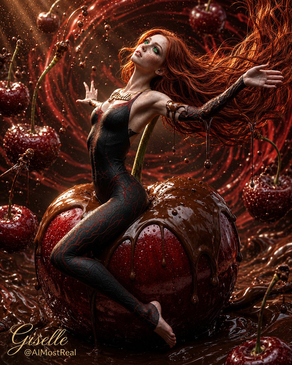 AImostReal's tweet photo. @AllaAisling Cherry on Top 🍒🍫
Dipped in warm chocolate, sitting pretty on my throne of decadence.
Sweet, sticky, and completely irresistible.
Come take a bite… if you dare.
#Giselle #ChocolateCherry #DeliciousDecadence https://t.co/DtrYYIJB2w