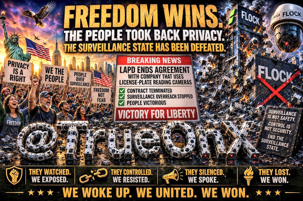 TrueOnX's tweet photo. 🚨 MASSIVE WINS FOR FREEDOM 🚨

LAPD just DUMPED Flock Safety,
The technocratic surveillance giant blanketing the world with AI license plate trackers, spying on every driver, storing your location data, and feeding it to Big Brother networks.

No more automated dragnet on innocent citizens.

Agreement EXPIRES TODAY.

This is a HUGE blow
to the surveillance state!

Privacy warriors, Stop LAPD Spying Coalition, and everyday Angelenos just forced the machine to back off.

One city at a time,
we RECLAIM our rights.

How many innocent people got pulled over at gunpoint because of Flock's false alerts?"

"If your every drive was tracked, stored for 30 days, and shared with other agencies... would you call that "safety" or surveillance?"

Which other cities
are next to cut ties with Flock?

Tag your mayor!

Why was this tech allowed to run for THREE YEARS with zero public vote?

What else is your local PD hiding with "public-private partnerships"?

The resistance is winning!

Let me know what you think,
and SHARE THIS so that others may too!

And if you're not already following @TrueOnX...
What the heck are you doing?!