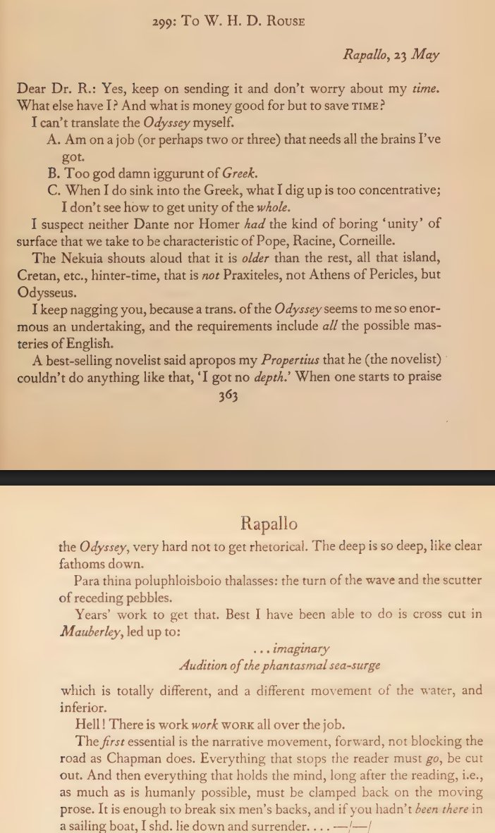 LuminanceBloom's tweet photo. Pound on Homer's prosody: "The deep is so deep, like clear fathoms down. Para thina poluphloisboio thalasses: the turn of the wave and the scutter of receding pebbles. Years’ work to get that." https://t.co/JEyBfU3emV