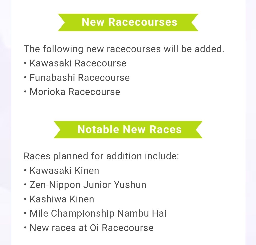KrisUmasimp's tweet photo. Big day for dirt umas!

Kawasaki, Funabashi and Morioka race courses will be added alongside 4 new dirt G1 races

Kawasaki Kinen: Med Dirt G1
Zen Nippon Junior Yushun: Mile Dirt G1
Kashiwa Kinen: Mile Dirt G1
Mile Champs Nambu Hai: Mile Dirt G1 (Classic+Senior) https://t.co/WyYfTxm12J