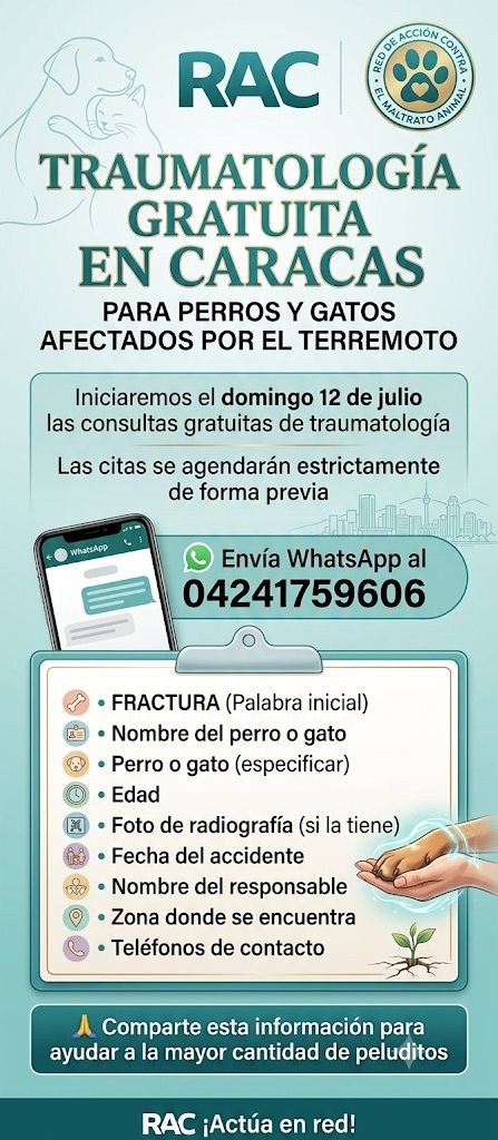 maibortpetit's tweet photo. Iniciaremos el domingo 12 de julio las consultas gratuitas de traumatología para los perros y gatos afectados por el terremoto en Caracas. Las citas se agendarán estrictamente de forma previa para atender a cada paciente.

👇 Para pedir la cita, debes enviar un WhatsApp al 04241759606 siguiendo estas indicaciones:

- FRACTURA (Palabra inicial)
- Nombre del perro o gato
- Perro o gato (especificar)
- Edad
- Foto de radiografía (si la tiene)
- Fecha del accidente
- Nombre del responsable
- Zona donde se encuentra
- Teléfonos de contacto

🙏 Comparte esta información para poder ayudar a la mayor cantidad de peluditos afectados por el sismo.

¡Actúa en red!