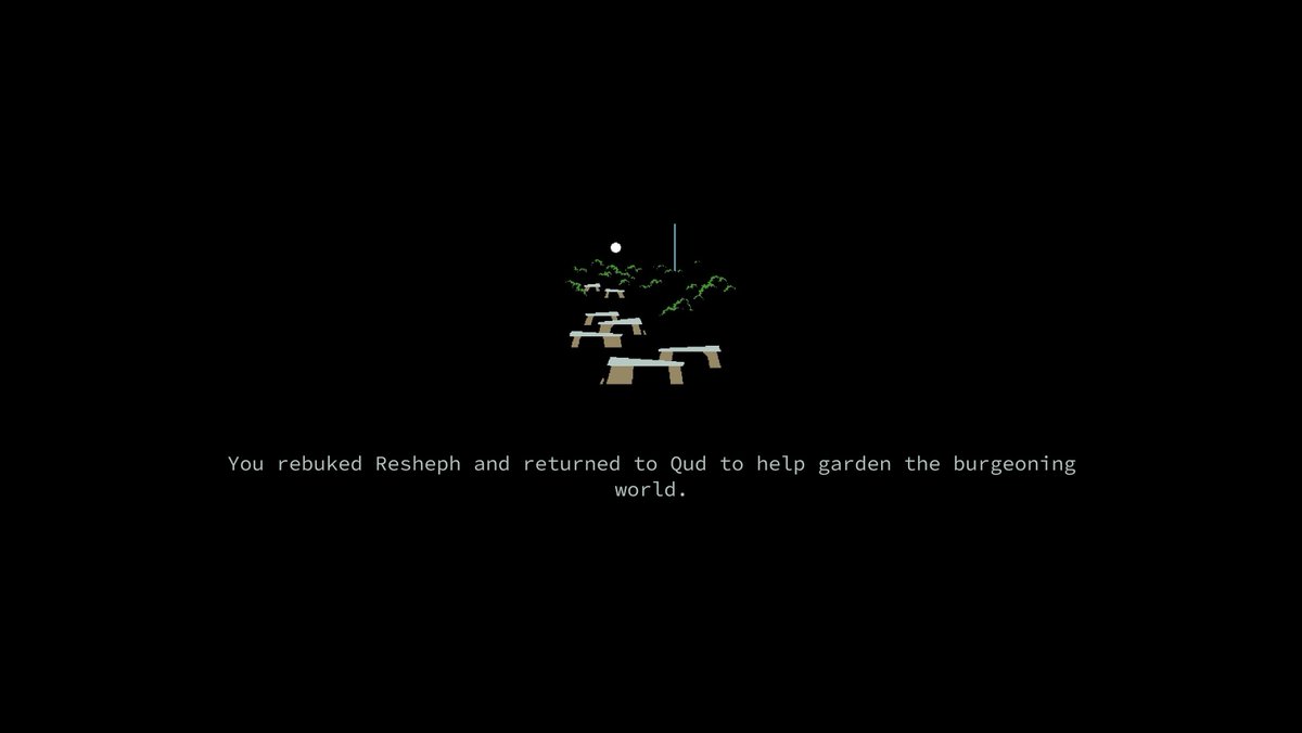 saigoofy's tweet photo. Steam版Caves of Qudとりあえず一周目クリアした。中学生の頃にMother 2をプレイし終わった時も呆然としたものだったがそんな体験を大人になってからもできるとは思ってもみなかった。ゲーム内歴史物語や設定はどんだけ作り込んでもネットのwikiがあるから大丈夫という設計思想は21世紀的���すね。 https://t.co/qFBvY3pWt9