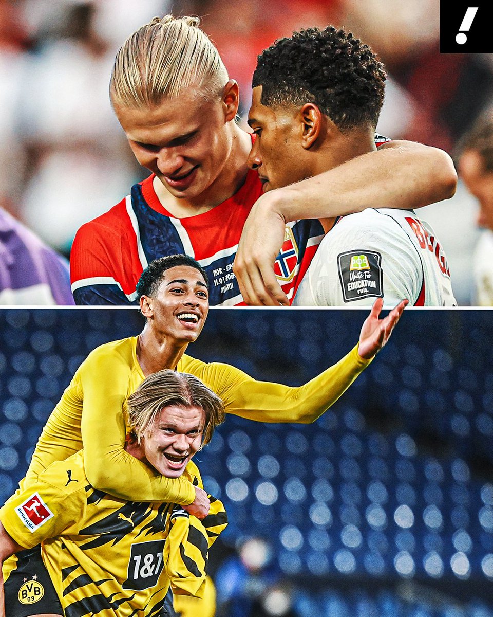 YahooSports's tweet photo. Teammates. Opponents. Friends. 🤝 

All love between Erling Haaland and Jude Bellingham 💛 https://t.co/gc2d72HER6