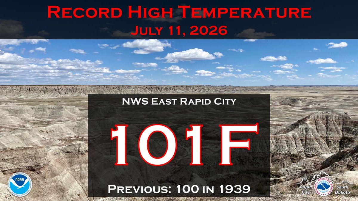 NWSRapidCity's tweet photo. 7/11/2026: Our office in east Rapid City, SD reached 101F this afternoon. This broke the previous record of 100F set in 1939. #SDwx #RapidCity https://t.co/shRAsKltoX