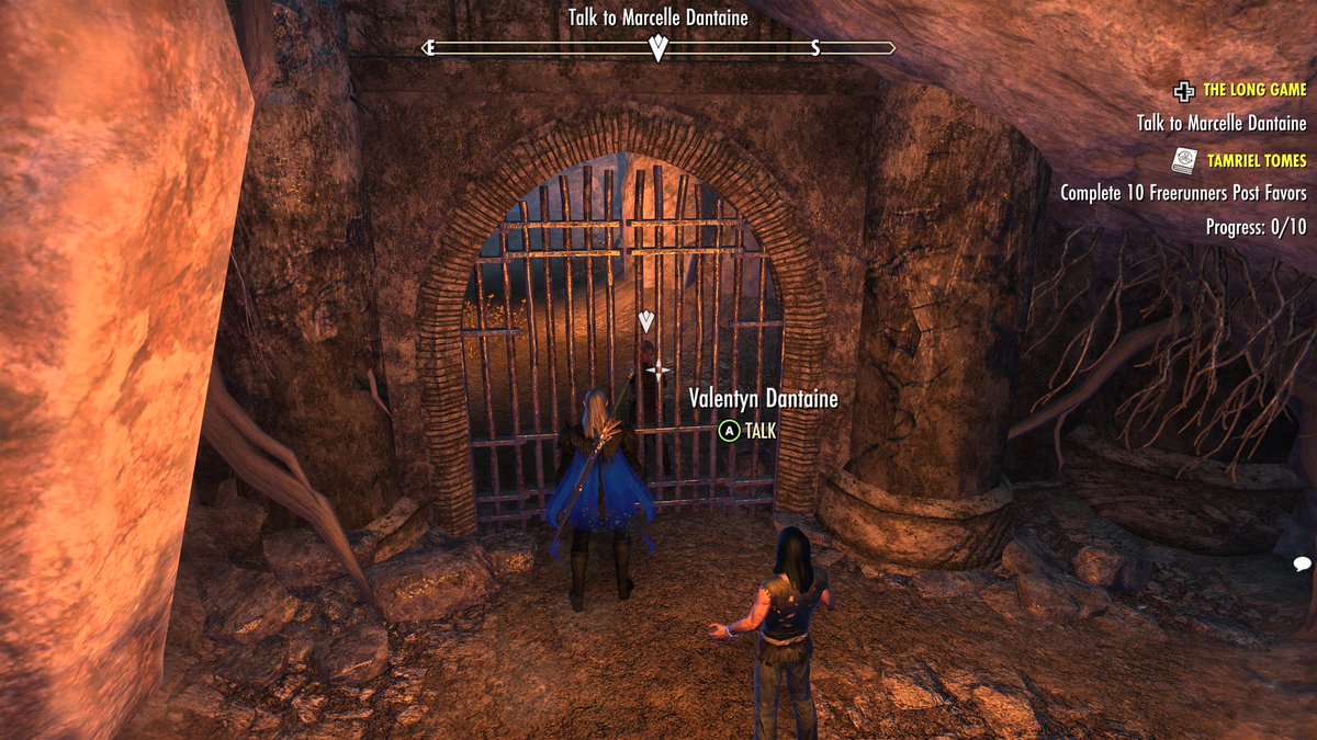 CrucibIeBlood's tweet photo. Hi everyone!
I'm currently stuck on the quest "The Long Game". My quest tracker and compass clearly objective me to "Talk to Marcelle Dantaine", but as you can see from the attached screenshot, she is completely unreachable or non-interactive behind the gate. #ESO https://t.co/BqGCawpwvg