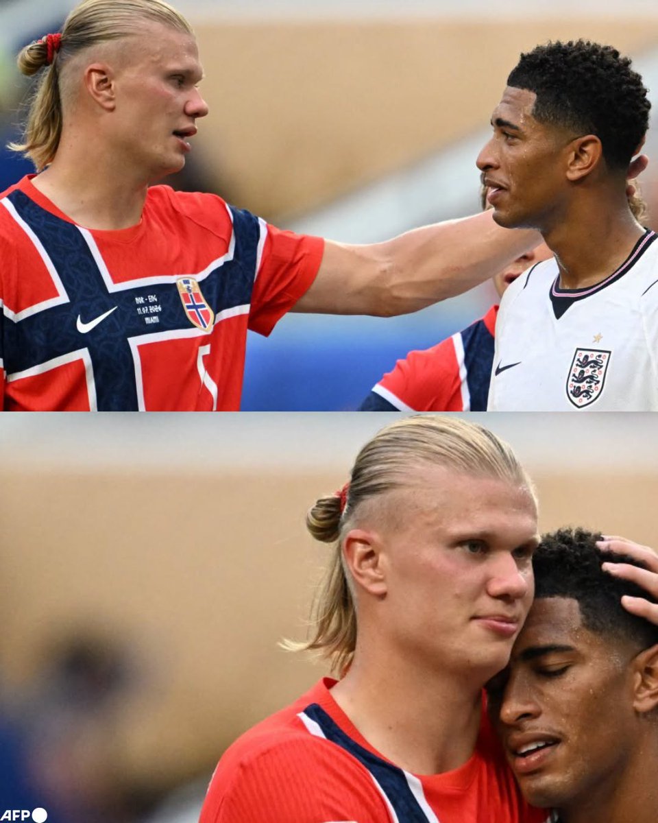 InvictosSomos's tweet photo. Y justo tras el silbatazo final en la eliminación de Noruega ante Inglaterra, Erling Haaland se dio el tiempo para felicitar a Jude Bellingham.

A pesar de que el mediocampista inglés marcó los dos goles que terminaron provocando la eliminación del combinado noruego, el delantero del Manchester City se olvidó de su tristeza por un momento y reconoció la histórica actuación de su gran amigo.

Qué tipazo, por favor. Es grande en la victoria, pero todavía más grande en la derrota. Si vas a caer, que sea con el honor, la humildad y el señorío de Erling Haaland. 

IMPOSIBLE NO QUERERLO.