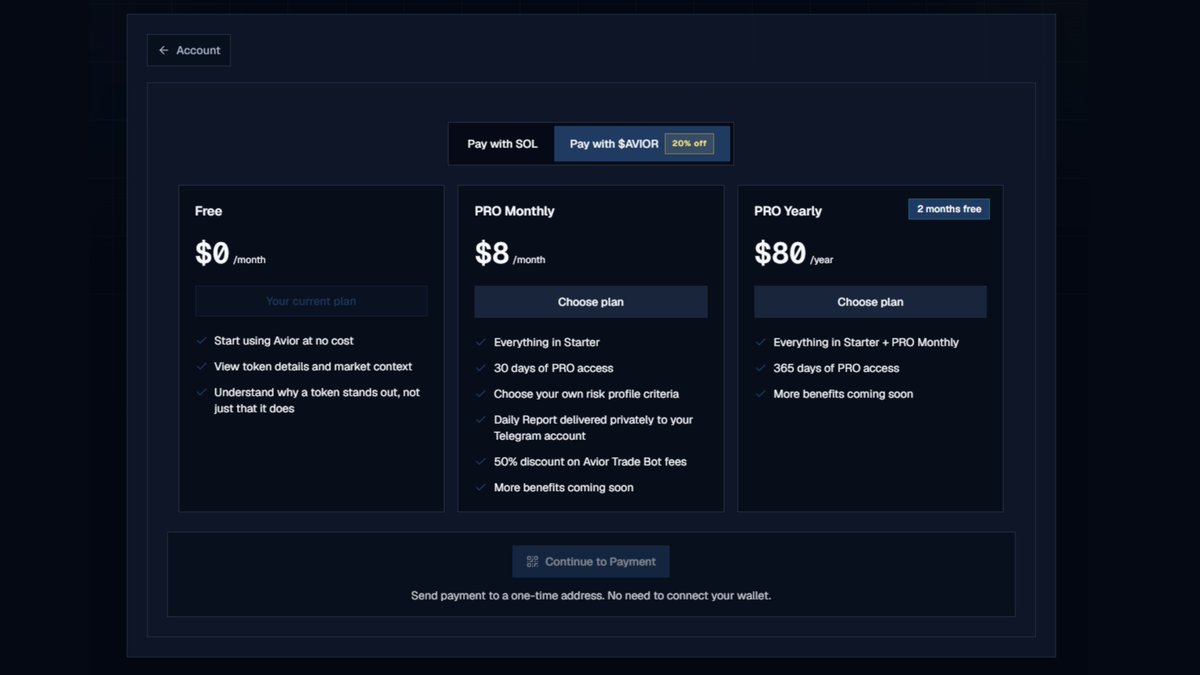 TryAvior's tweet photo. Avior Terminal, Trade Bot, and Tools Bot are all free to use.

Subscribing to PRO unlocks additional benefits, including a custom risk profile, 50% lower Trade Bot fees, and daily reports delivered directly to your Telegram via the bot.

More benefits are coming soon as we continue shipping new features.

FQnjCrxmcd9vUwzPf5TjEDP3pQSjw9HYSP6CFxzdpump