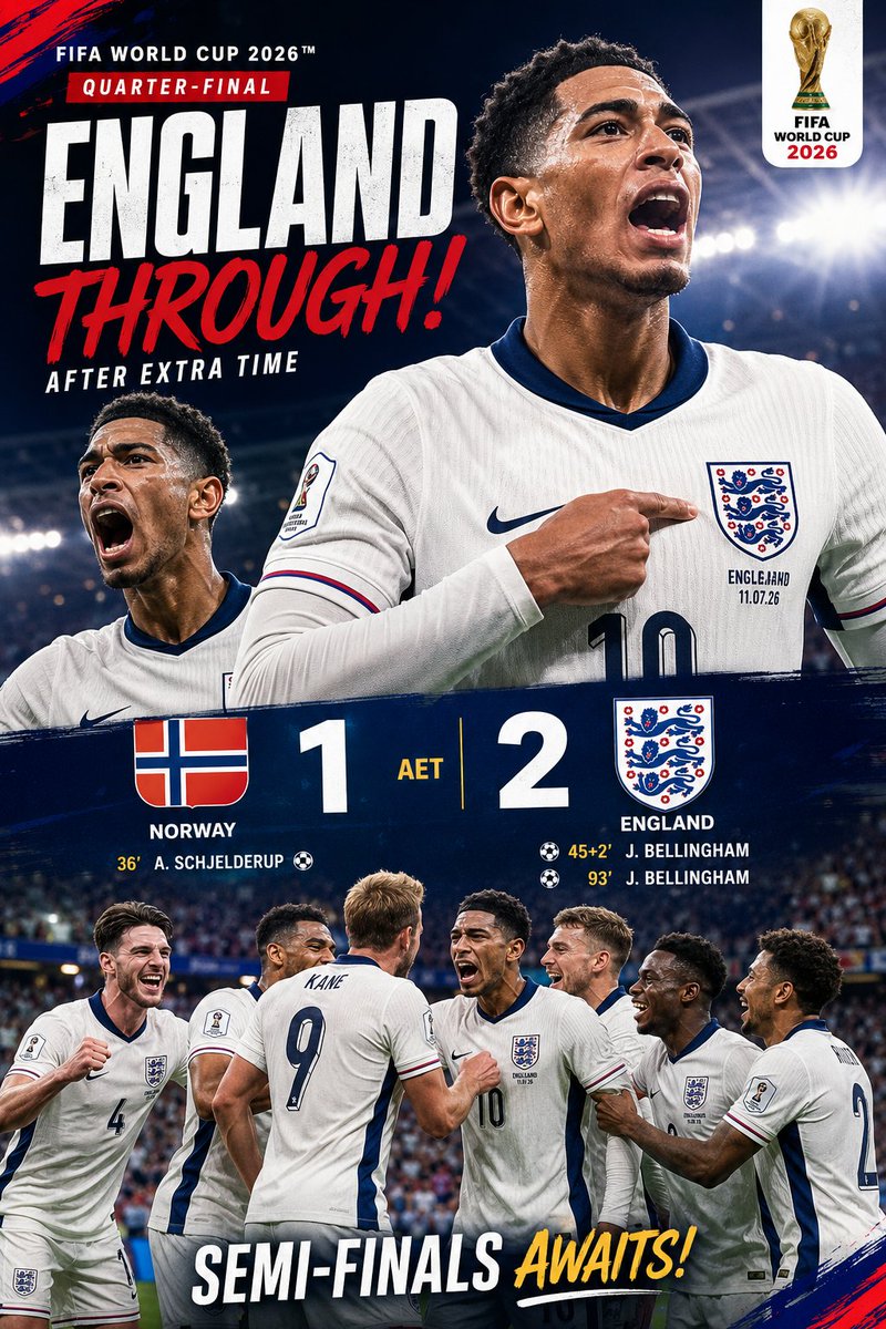 WasimPicasso's tweet photo. What a dramatic night! 🤯 England came from behind to defeat Norway 2-1 after extra time, thanks to a sensational brace from Jude Bellingham. After Schjelderup's opener, Bellingham struck in stoppage time before scoring the winner in extra time to book England's place in the 2026 https://t.co/hudhNRMmyM