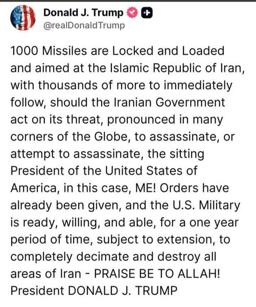 pats_con's tweet photo. IT'S NOT ABOUT YOU #TRUMP!

#Iran been shouting Death to America for 47 years.

That's ALL of us. They've already killed thousands of Americans. Where's your "1,000 missiles" for them? They weren't important enough?

OF COURSE the enemy wants you dead. They always do in wars.

That's an ancient fact.

Now get out of the way and let our military do what they do best.

And no more stupid negotiations with terrorists or "praise to Allah."

Stop trying to be cute and fight the damn war.