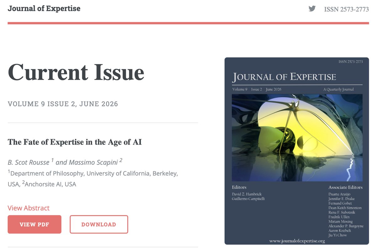 bscotrousse's tweet photo. A major new research paper - The Fate of Expertise in the Age of AI (co-authored with Massimo Scapini) - has finally been published in Journal of Expertise.

This paper provides a philosophical grounding for and elaboration of the important recent piece by @random_walker  and @sayashk  “Why AI hasn’t replaced software engineers, and won’t,” specifically their notion of the “decide-execute-deliver” sandwich that is typical of human work.

Massimo and I adopt the Dreyfus Model of Skill Acquisition along with Terry Winograd & Fernando Flores’s picture of conversation-based human-computer-interaction to develop a detailed account of how human intuition and responsibility will continue to play a role in the deciding and delivering dimensions of human work.

We also provide an account of how training and apprenticeships will need to evolve in order for beginners to develop the intuition needed to orchestrate AI systems whose output exceeds their own abilities.

The thinking in this paper was also heavily influenced by many conversations I had with Don Norman and Arturo Escobar (along with Winograd and Flores) in our “Beyond Computers and Cognition” research group, circa 2020-2022.

Below is the link to the article, which is open access. Let me know what you think!