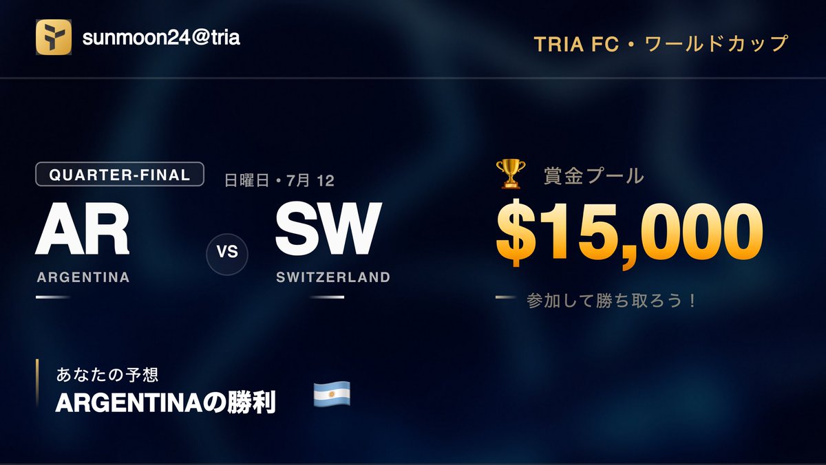 BeBuffett19's tweet photo. 私のワールドカップカードが @useTria で公開中 🔥 🇦🇷 Argentinaの勝利を予想（vs Switzerland）。

Triaで$15Kの賞金プールを狙っています。予想・スワイプ・トレード、すべてが得点に。あなたは私よりワールドカップを読める？ 👇 #TriaFC https://t.co/dtPR55pPo2