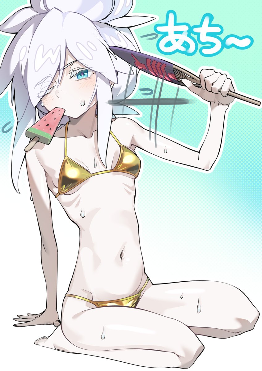Yamany_2580's tweet photo. 日本の夏は、スイカバーを咥えうちわを仰ぐ金ビキニの強化人間を描いて猛暑を乗り越えるという風習が https://t.co/ijr3VoU2LF