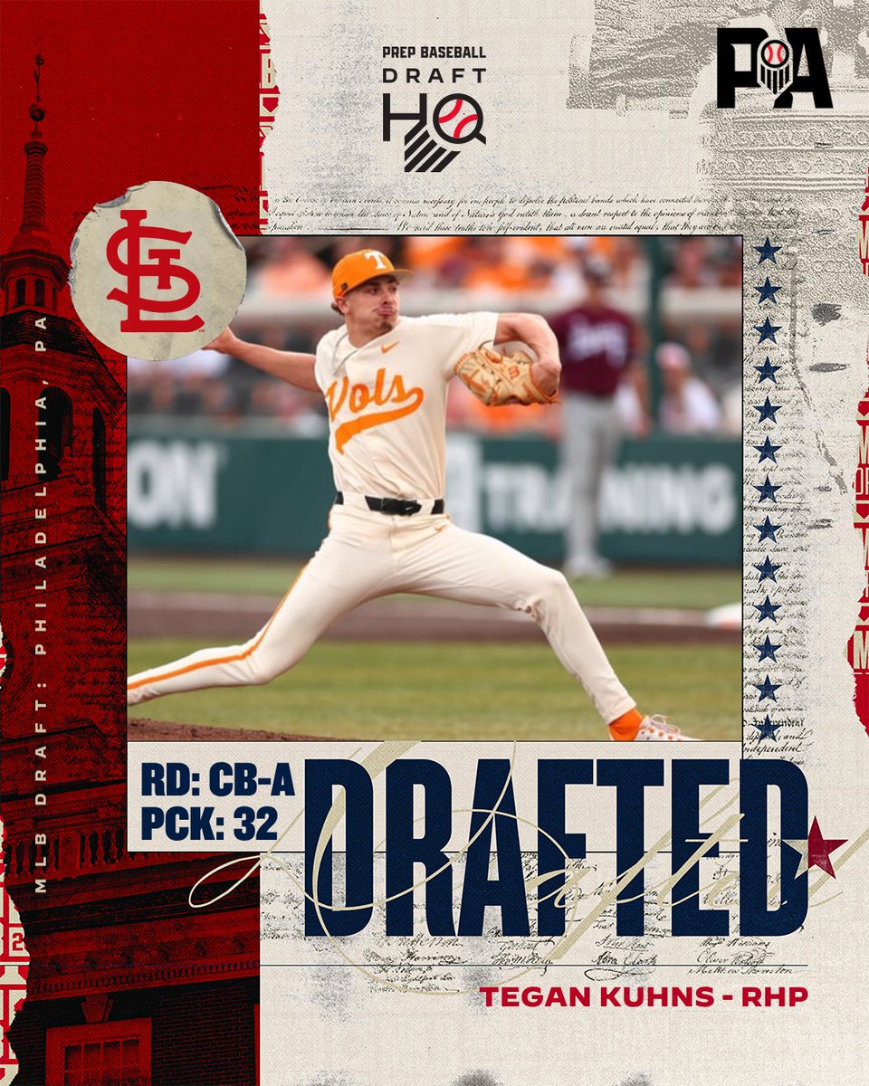 PrepBaseballPA's tweet photo. 𝐊𝐔𝐇𝐍𝐒 ➡️ 𝐂𝐀𝐑𝐃𝐈𝐍𝐀𝐋𝐒

University of Tennessee’s Tegan Kuhns (Gettysburg Area HS, 2024) has been selected by the St. Louis Cardinals 32nd overall in the 2026 MLB Draft. 

Round CB-A, Pick 32. 

#MLBDraft #PABaseball https://t.co/eSjsXzcgcs