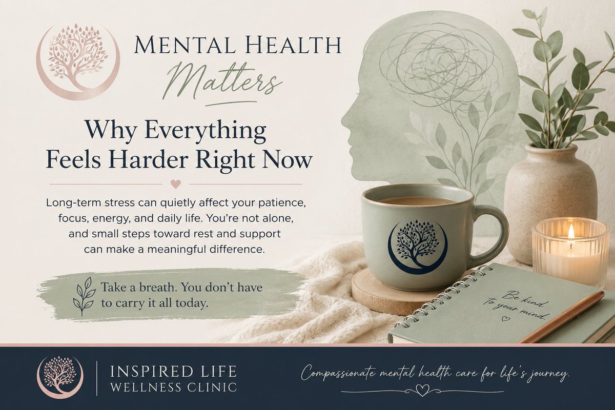 ILWCPLLC's tweet photo. Why does everything feel harder lately?
Long-term stress can quietly drain patience, focus, and energy.
This week’s Mental Health Matters looks at how stress builds—and why recovery matters.
https://t.co/LWMB0WBt6m
#MentalHealth #ChronicStress https://t.co/J8ig1ZhxwP
