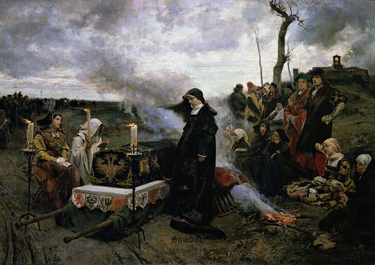 TheSymbolArt's tweet photo. Joanna the Mad by Francisco Pradilla 1877 Joanna was a real queen of Castile who, grief-stricken, kept her dead husband's coffin near her and halted its journey so it could not be left alone. #art https://t.co/7MAHOVQoFp