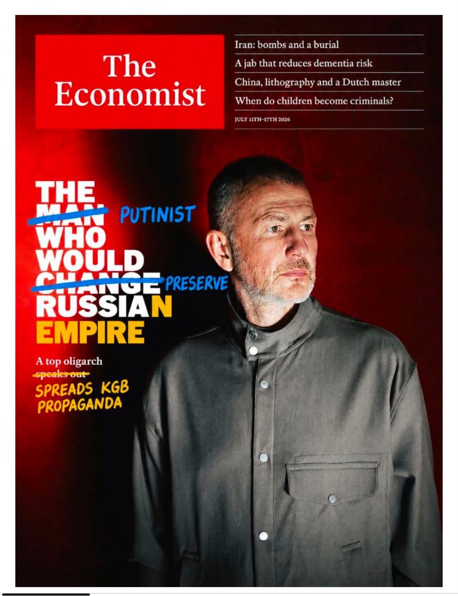 rshereme's tweet photo. From the pages of The Economist, Putin addresses the leaders of democratic countries with a simple message: 

It is wrong to put pressure on Russia, so you must change your approach and, as before, silently acquiesce to all the crimes of the Kremlin.

In this article by a Putin-aligned oligarch, there isn’t even a hint that it is Russia that needs to change its approach - to stop spending half its budget on war, to release journalists, artists, scientists, and environmentalists from prison, to stop killing people and destroying residential buildings, hospitals, museums, and kindergartens in Ukraine. 

And most importantly, to stop this bloody war that has already caused more than a million Russian casualties alone.

And if that is the case, then it means the approach of democratic countries is correct. We must keep up the pressure. The cost of war for Putin must become higher than the cost of peace. 

And then peace will have a chance.

Author: Oleksandra Matviichuk