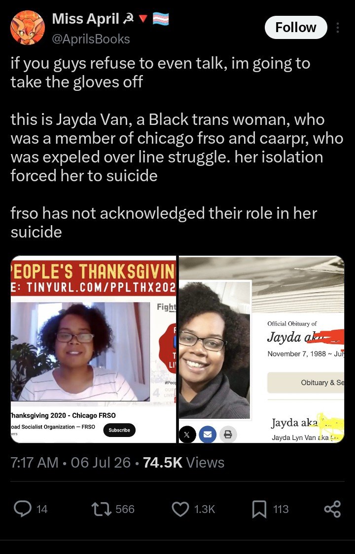 killerguerilla's tweet photo. I want to address a few lies here.
Jayda was never expelled from FRSO. She left because she disagreed with us moving forward on ECPS. She was later removed from leadership of CAARPR because she tried to organize against the decision we collectively made after she was outvoted. https://t.co/l6gvvWl35b
