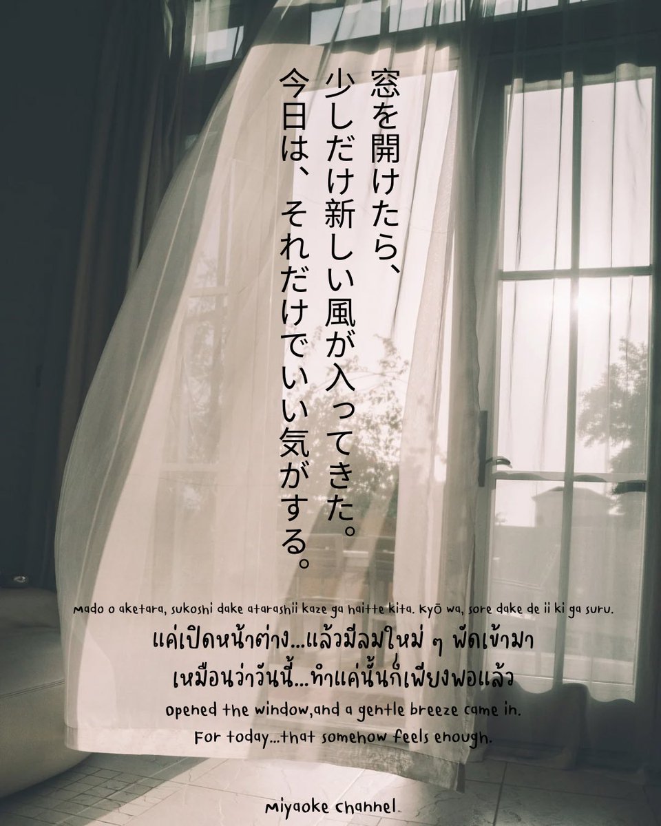 MiyaokeChanel's tweet photo. Today's mood...
ถ้าเช้านี้…มีลมพัดเข้ามาเบา ๆ
ก็อย่าลืมหยุดรับมันสักนิดนะ
風の音に、少しだけ耳をすませて。
ลองเงี่ยหูฟังเสียงลม…สักนิด
บางครั้ง...ความสุขไม่ได้เดินเข้ามาพร้อมเรื่องใหญ่ ๆแต่มาพร้อมสายลมธรรมดาที่เราไม่ได้รีบเดินผ่านไป 🍃
#ประโยคฮีลใจ
#moodoftheday
#miyaokechannel https://t.co/T6ojZ2O8Bn