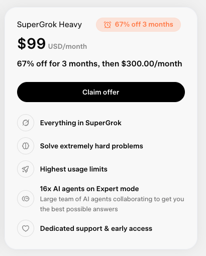 clembuildsstuff's tweet photo. With the release of Grok 4.5, this might be the best deal out there right now for AI usage 👀 https://t.co/luGi4ojVWc