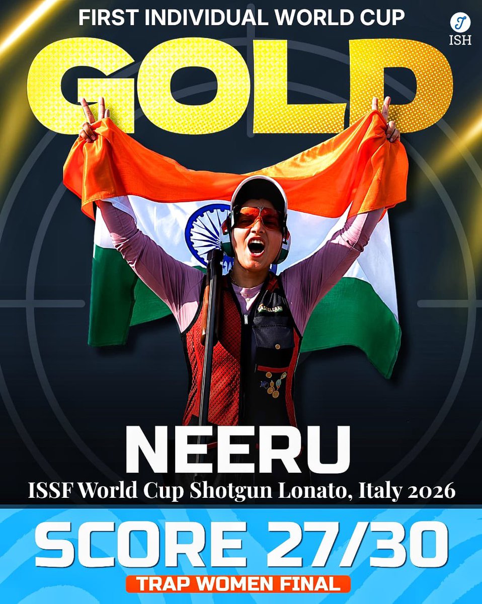 WomenCricketX's tweet photo. Historic Gold for Neeru! 🇮🇳

Neeru scripted history by winning India’s first ever individual ISSF World Cup gold medal in Trap Shooting, clinching the Women’s Trap title with a score of 27/30 at the ISSF World Cup Shotgun, Lonato 2026.
#ISSFWorldCup #Shooting #Neeru #TrapShooting https://t.co/npROd4x3Ps