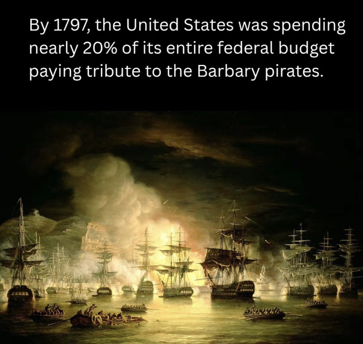 Rothmus's tweet photo. And the worst thing is paying tributes only proved America was weak and invited even bigger demands.

Until Jefferson sailed to Tripoli, bombarded their harbors, and put Marines on the ground.

Because evil exploits weakness, takes what it can, and comes back for more. 

It doesn’t negotiate in good faith. 

So the only solution to pirates, terrorists, and tyrants is overwhelming force that makes further aggression impossible. 

Appease evil and you just buy the next attack.