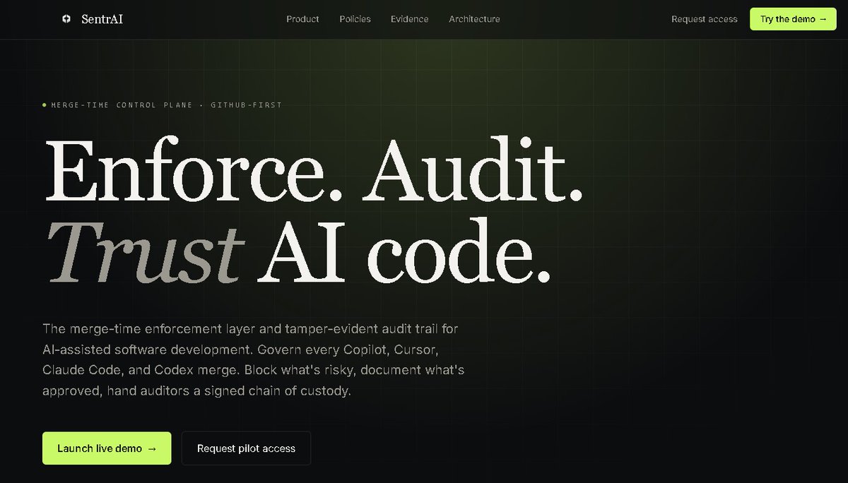 Scyloq's tweet photo. Currently building SentrAI.

The merge-time control plane for AI-assisted software development.

Enforce policy, audit every AI-generated change.

Just finished an interactive demo and would love your honest feedback.

Built with @Lovable 

https://t.co/JuUlr9SqvV https://t.co/KF13LnNOG4