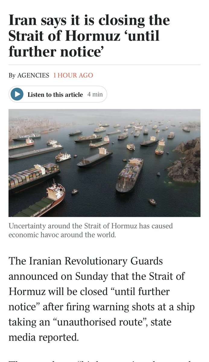 SamKSS's tweet photo. It would be cheaper to build new roads, railways, pipelines and ports to avoid the Strait of Hormuz at this point. 

What a mess. https://t.co/6wwVwby1vS