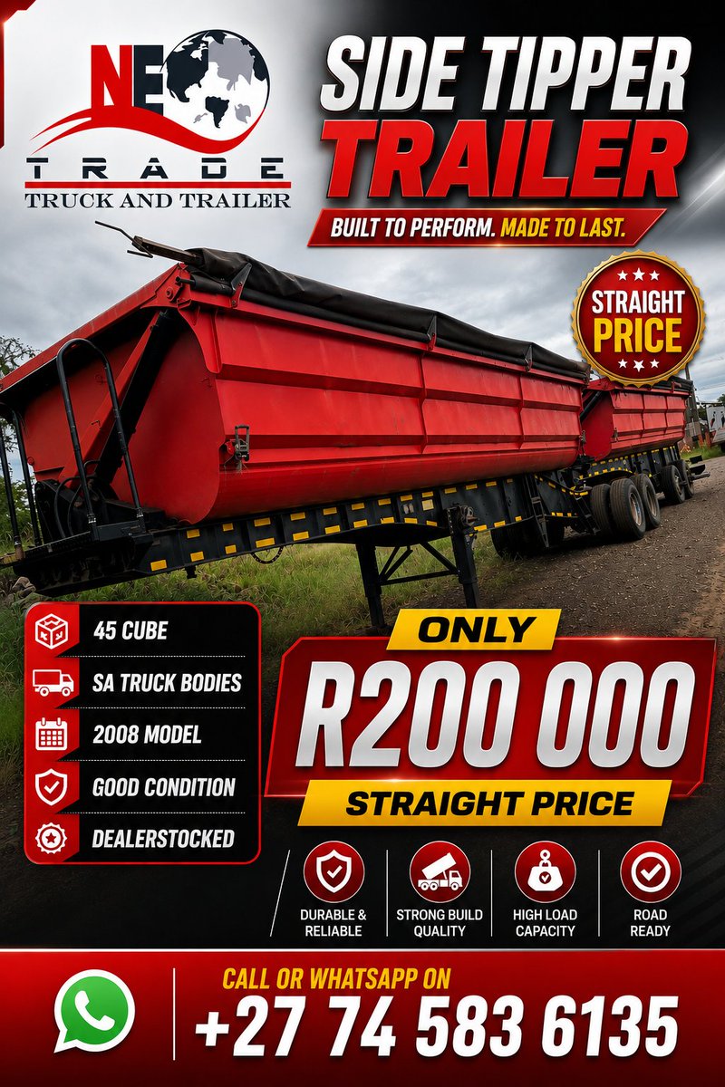 NeoTradeTrucks's tweet photo. SIDE TIPPER TRAILER 
45 Cubes 
SA TRUCK BODIES 
2008 Model 
R200 000
Straight Price 
Good Condition 
DEALERSTOCKED 

Call or WhatsApp on+27 74 583 6135 https://t.co/GZ3Eog77FR