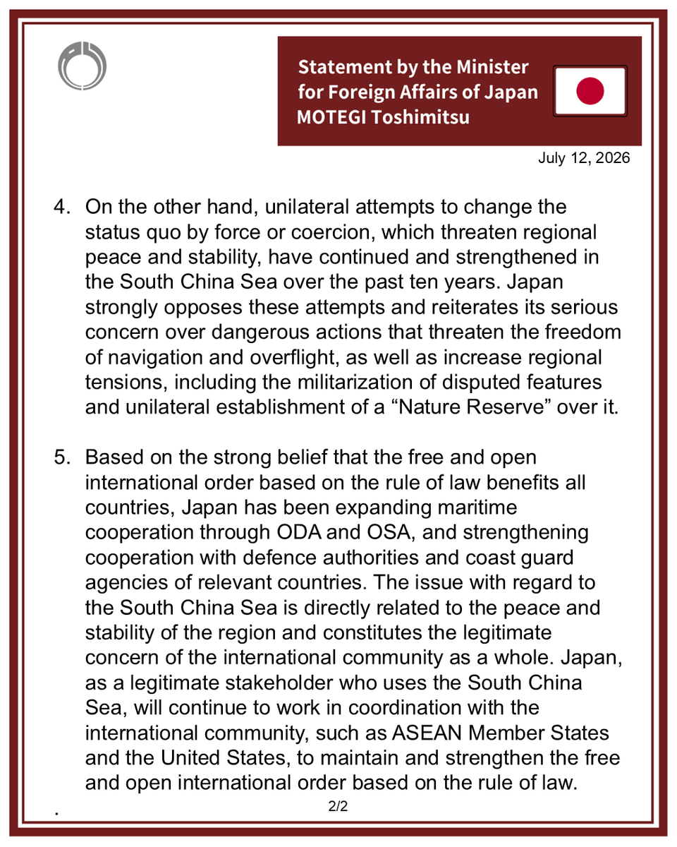 MofaJapan_en's tweet photo. FM MOTEGI issued the following statement on ten years since the issuance of the Arbitral Tribunal’s award as to the disputes between the Republic of the Philippines and the People’s Republic of China regarding the South China Sea.

https://t.co/TFSMMe1kNX https://t.co/K6JAaEiUpn