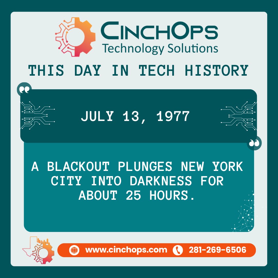 CinchOpsIT's tweet photo. 🔌⚡ 𝗪𝗵𝗲𝗻 𝗡𝗬𝗖 𝗪𝗲𝗻𝘁 𝗗𝗮𝗿𝗸 𝗳𝗼𝗿 𝟮𝟱 𝗛𝗼𝘂𝗿𝘀

July 13, 1977: a lightning strike blacked out New York for about 25 hours. Businesses just stopped. Ask yourself - if the grid blinked today, would your servers, phones, and POS keep running? A surge protector isn't a plan.

❓Could your business survive a full day with no power?
📲 Contact CinchOps to pressure-test your backup and failover.
🌐 https://t.co/jdYz8yjc3f | 📲 281-269-6506

Full Article: https://t.co/nVErA6yI30

#ITSupport #cybersecurity #HoustonSMB #BusinessContinuity #Downtime