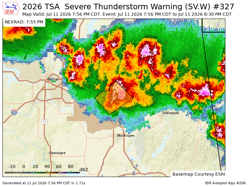 iembot_ok's tweet photo. TSA issues Severe Thunderstorm Warning [wind: 60 MPH (RADAR INDICATED), hail: 1.00 IN (RADAR INDICATED)] for Mayes, Wagoner [OK] till 8:30 PM CDT https://t.co/Dx5LVraH4v https://t.co/k7T9G9NEfP