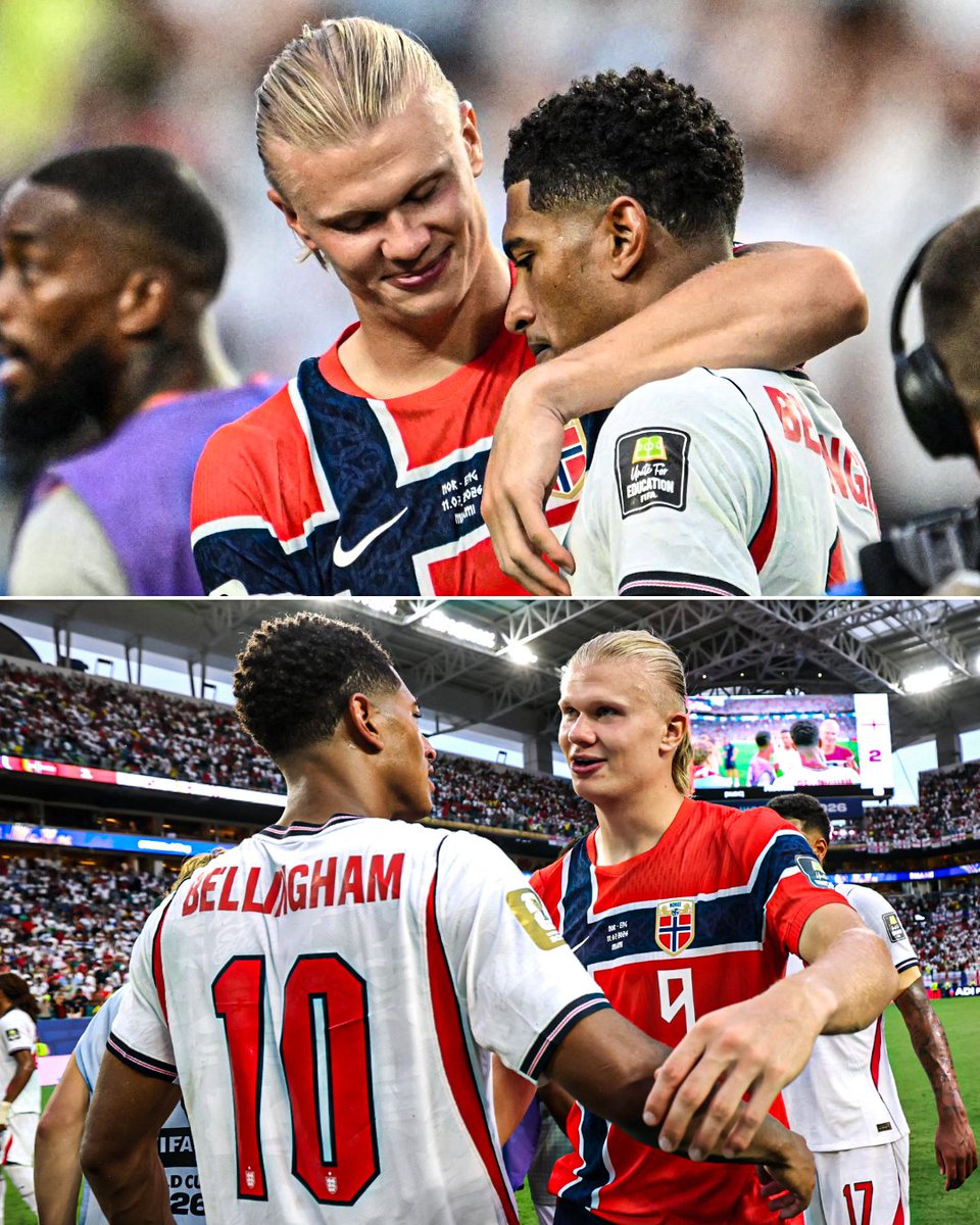 ESPNUK's tweet photo. So much love between Jude Bellingham and Erling Haaland after England's win against Norway 🥰 https://t.co/IA5pRlrUjk