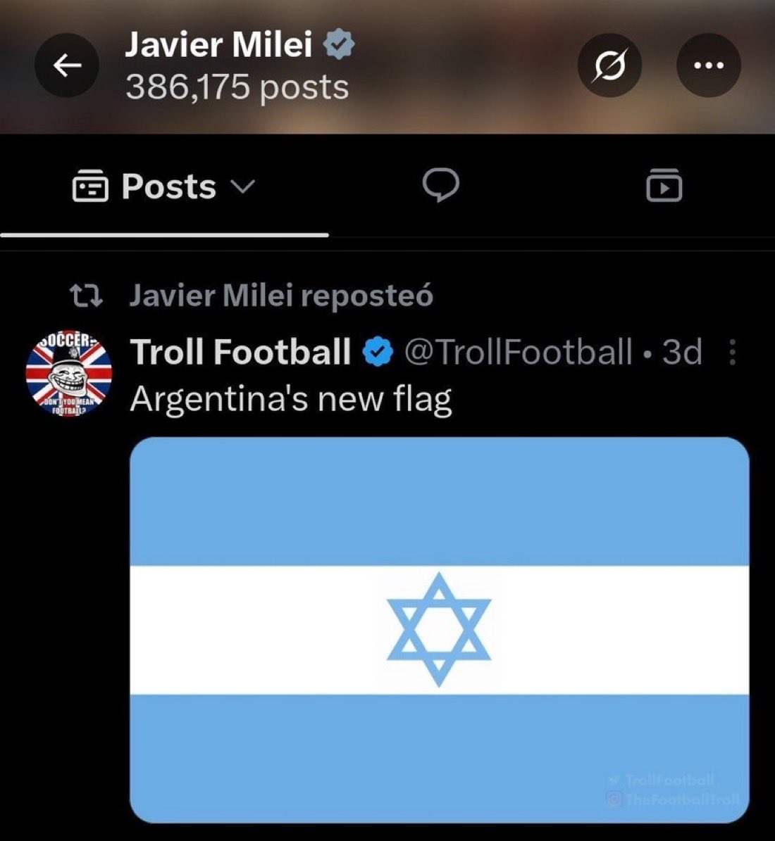 gisbert_ruben's tweet photo. Javier Milei ha reposteado esto que corre en redes sociales como una crítica, él lo ha tomado como algo positivo y real, no es Fake 😳😳😳

Puede que sea el mayor insulto y traición a su propia patria por parte de un presidente demente con un solo clic en toda la historia de la humanidad.