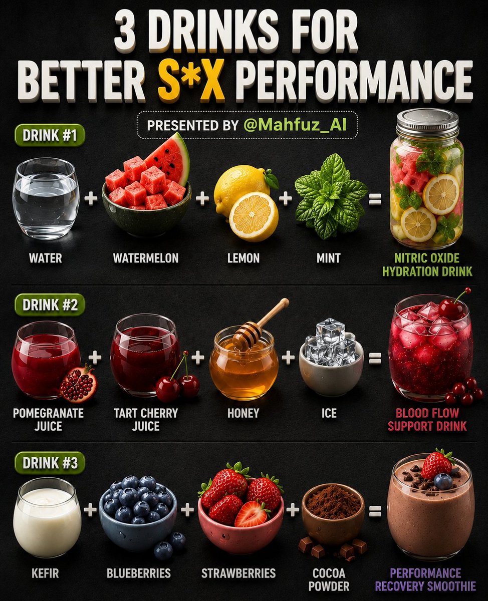Mahfuz_AI's tweet photo. Boost your performance naturally. 💪🔥

These 3 simple, nutrient-packed drinks may help support hydration, blood flow, and recovery as part of a healthy lifestyle.

Save this for later and share it with someone who needs it! 👇

Presented by @Mahfuz_AI 🚀

#HealthTips #Nutrition  #HealthyLifestyle #Fitness #Wellness #NaturalHealth #MensHealth #Performance #AI #MahfuzAI