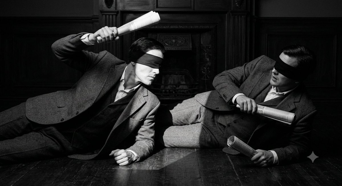 McGuffin_11's tweet photo. シャレードの話がでましたが、​奇遇にも、この時代のイギリスには「Are you there, Moriarty?｣という名前のパーラーゲームが実在し、実際に遊ばれていました。
​2人のプレイヤーが目隠しをしてうつ伏せに向かい合い、丸めた新聞紙を武器として持ちます。
​攻撃側が「Are you there, Moriarty?」と尋ねます。
​防御側が「Yes」と答えた瞬間、攻撃側は相手の声がした場所を新聞紙で叩き、防御側は転がって回避します。
​シャーロック・ホームズの宿敵・モリアーティ教授の知名度にあやかって名付けられたとされる、体を張った対戦ゲームです。